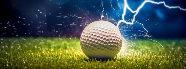 Foto de golfbal vliegt in de energie van een bliksemflits