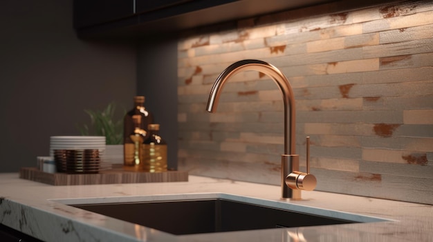 De gootsteen van het keukenroestvrije staal met gouden tapkraan op wit steencountertop in moderne luxekeuken c