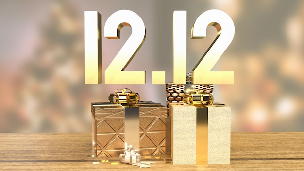 De gouden 1212 en geschenkdoos op houten tafel voor winkeldag of promotiemarketing 3D-renderingxA