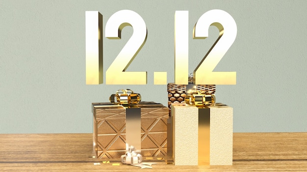 De gouden 1212 en geschenkdoos op houten tafel voor winkeldag of promotiemarketing 3D-renderingxA