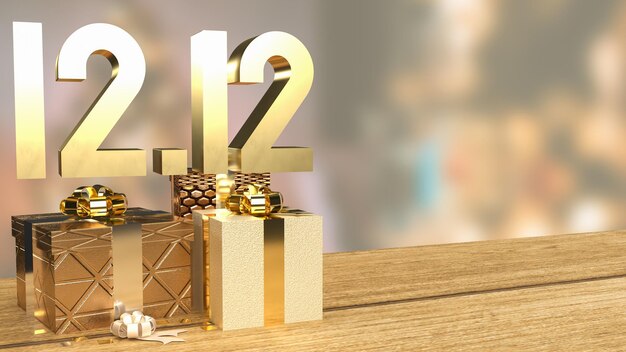 De gouden 1212 en geschenkdoos op houten tafel voor winkeldag of promotiemarketing 3D-renderingxA