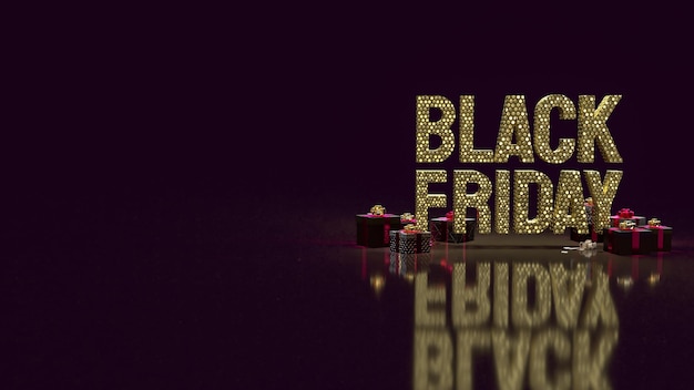 Foto de gouden black friday en geschenkdoos op zwarte achtergrond 3d-rendering