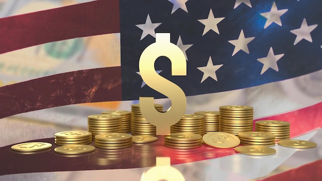 De gouden dollar en gouden munten Amerika vlag achtergrond voor bedrijfsconcept 3D-rendering