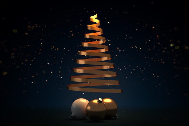 De gouden kronkelige Kerstmisboom en de ballen in het glanzen schitteren - 3d illustratie