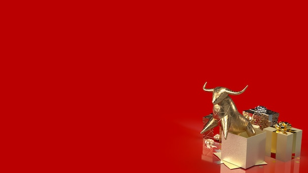 De gouden stier en geschenkdoos op rode achtergrond voor bedrijfsconcept 3D-rendering.