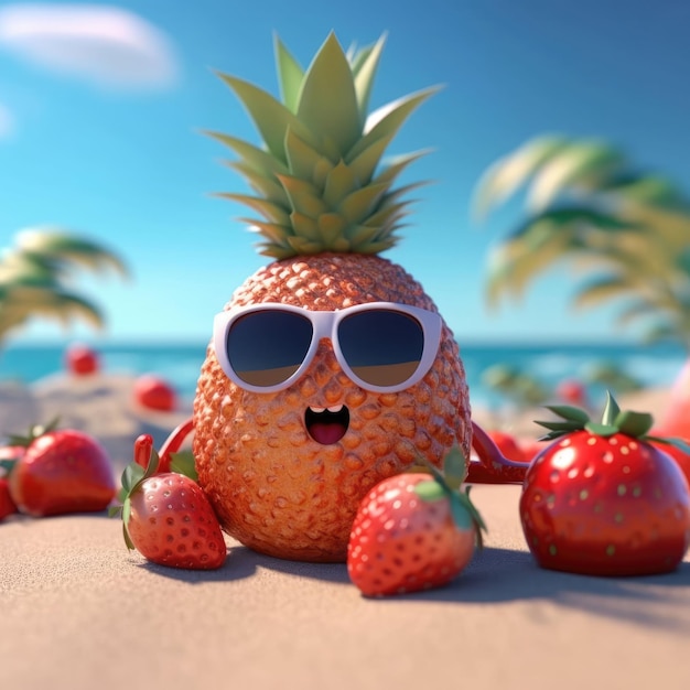 Foto de grappige zomervruchten met zonnebril op 3d strand geven terug