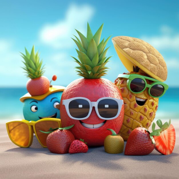 De grappige zomervruchten met zonnebril op 3d strand geven terug