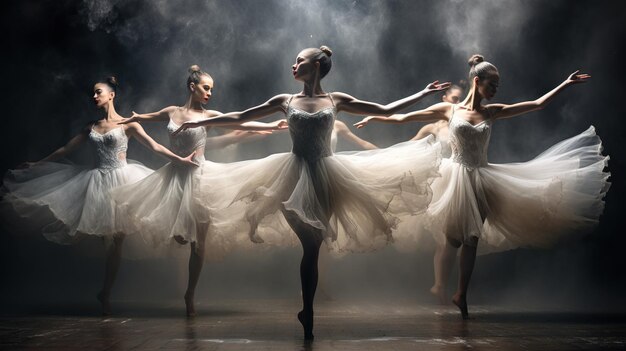 de gratie en kracht van een balletensemble in een gesynchroniseerde uitvoering met een snelle sluiter die hun precieze bewegingen bevriest om een dynamische en visueel verbluffende scène te creëren