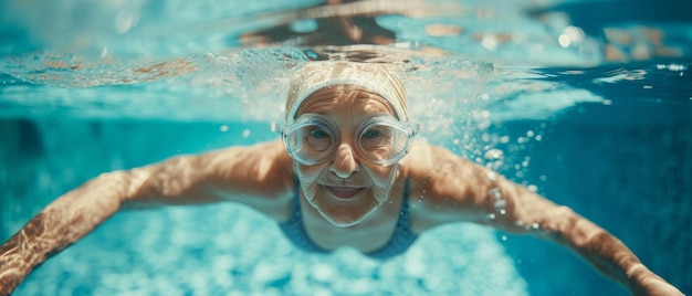 De gratie en sereniteit van een bejaarde vrouw die van een verfrissend zwemmen geniet