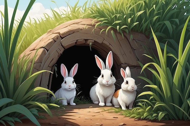 De grillige konijnfamilie in een gezellige illustratie van een hol