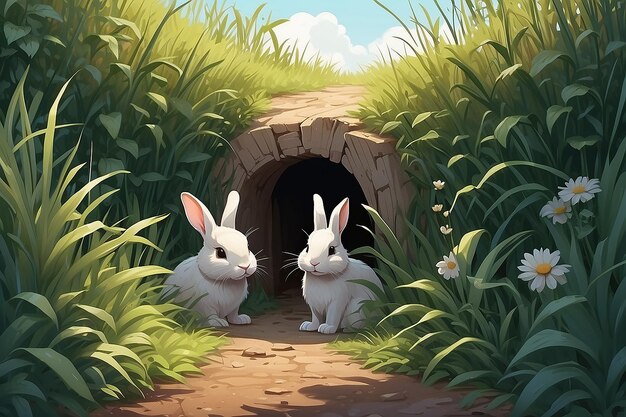 De grillige konijnfamilie in een gezellige illustratie van een hol