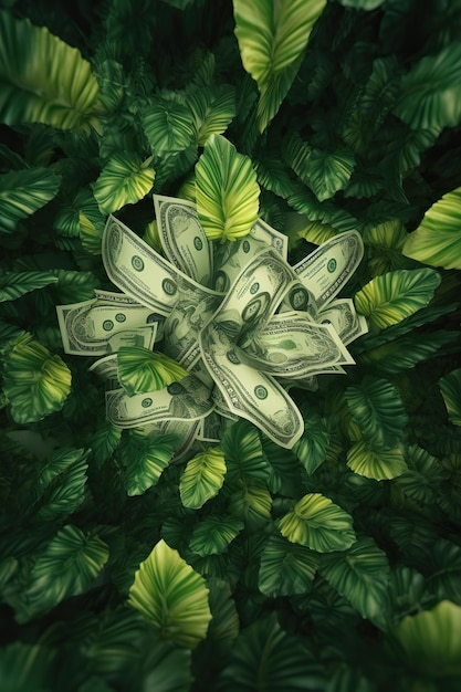 Foto de groei van de rijkdom een dollarbiljet dat uit een plantaardig geld in het bos ontspringt