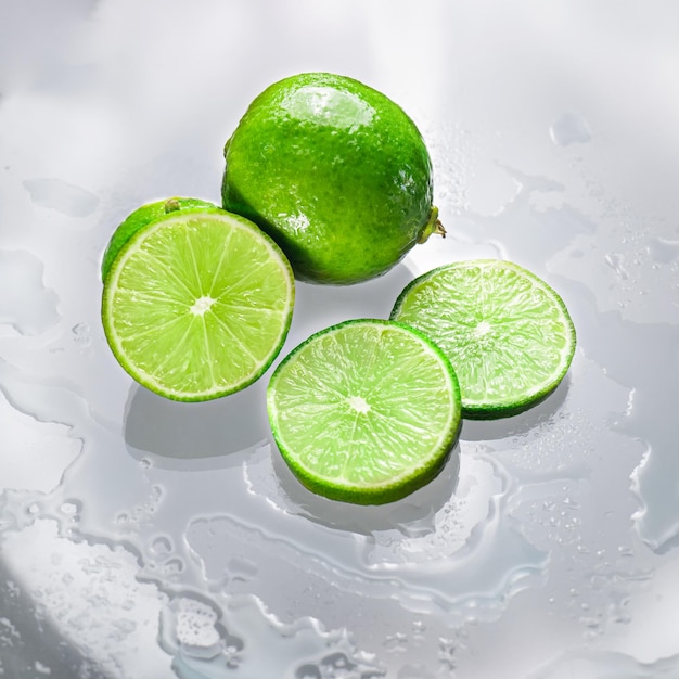De groene limoen is blanco met de gesneden limoenschijf die de binnenkant van de natte citroenpulp laat zien op een helder glazen oppervlak dat de schaduwen van de limoen weerkaatst en het natte water waardoor het zijn frisheid krijgt