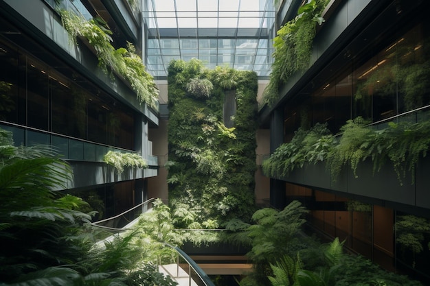 De groene muur van het gebouw is een verticale tuin die omringd is door groen.