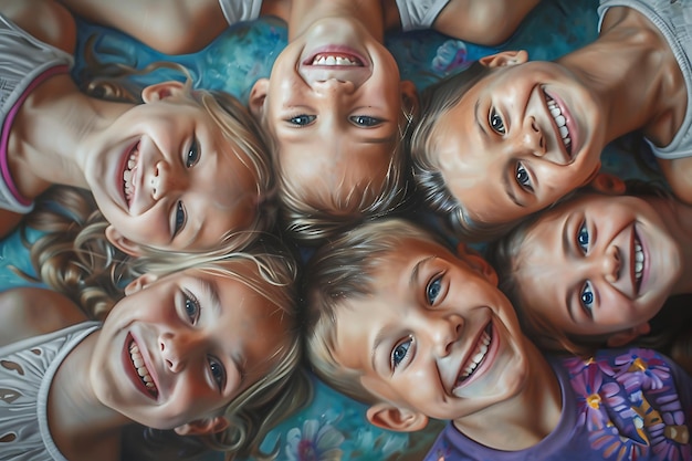Foto de groep gelukkige glimlachende tienermeisjes en -jongens op een pastel