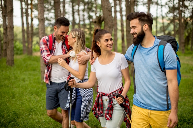 De groep jonge mensen wandelt in berg bij de lentedag