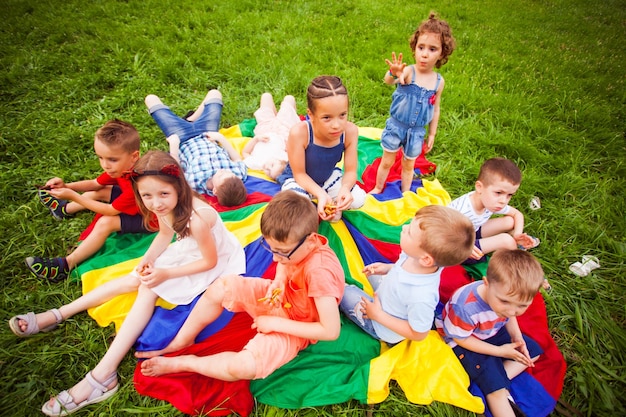 De groep kleine kinderen die op een groen grasveld zitten en ontspannen tijdens een picknick