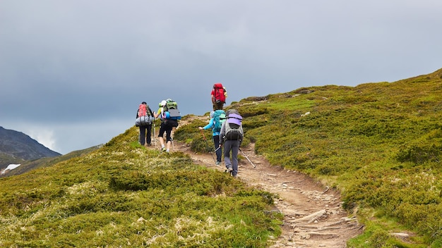 De groep wandelaars wandelen in de bergen