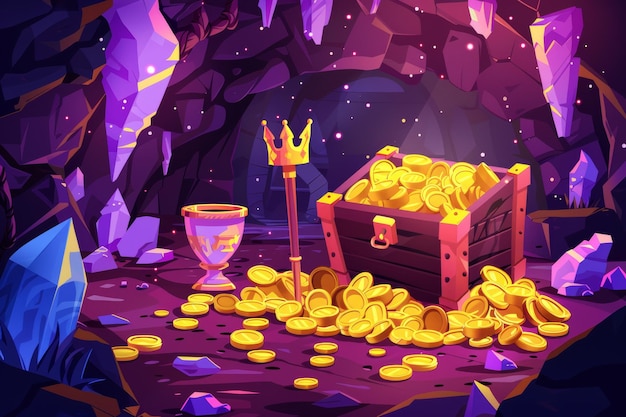 De grot bevat gouden munten in een kist en vat kristallen edelstenen een kroon een zwaard in een stapel goud en een beker met kostbare stenen oude fantasie magische graf of mijn cartoon moderne