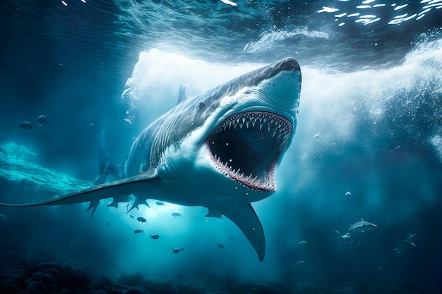 De grote aanval van de grote witte haai in de onderwaterzee Generatieve Ai