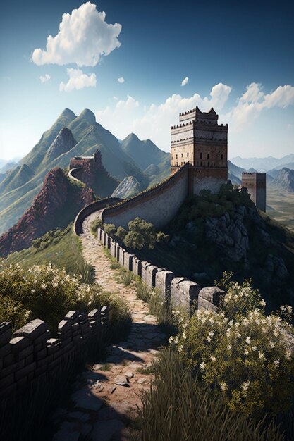De Grote Muur van China tegen een blauwe lucht en witte wolken