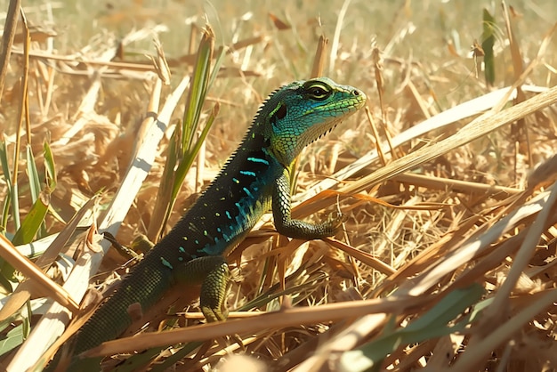 De hagedis zit in het gouden gras. Zijn smaragdschubben glinsteren.