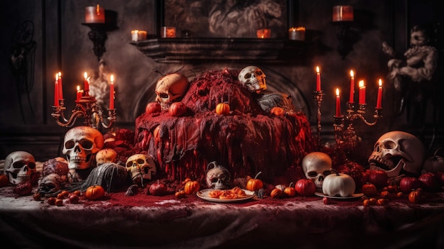 de halloween-cake een culinaire horror met pompoenen, schedels en kaarsen Ai Generated