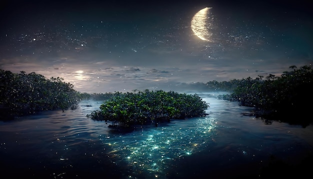 De halve maan in de nachtelijke sterrenhemel het maanpad wordt weerspiegeld in de vijver die wordt omgeven door groen van bomen