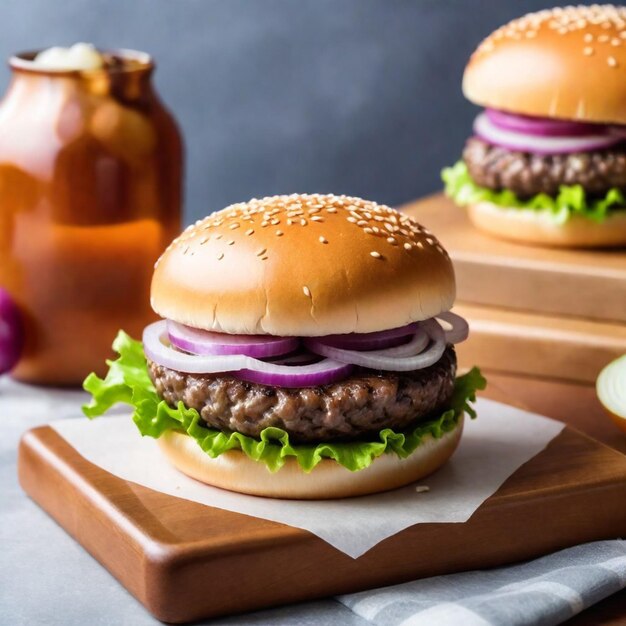 De hamburgers liggen op een houten snijplank, waarvan er een fles olijfolie in zit.