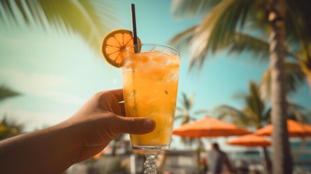 De hand houdt een glas vast met een cocktail Frisse drankjes Zonnige dag strand palmbomen vakantie