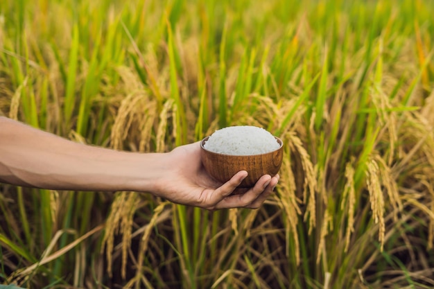 De hand houdt een kop gekookte rijst in een houten kop, tegen de achtergrond van een rijp rijstveld.