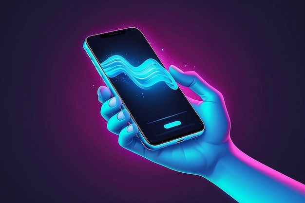 De hand houdt een zwevende mobiele telefoon vast Vectorillustratie in neonblauwe tonen Horizontale banner sjabloon