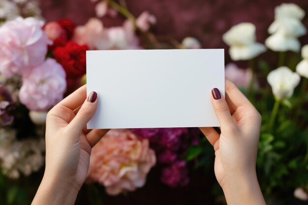 Foto de hand presenteert een lege witte kaart tussen verschillende bloemen