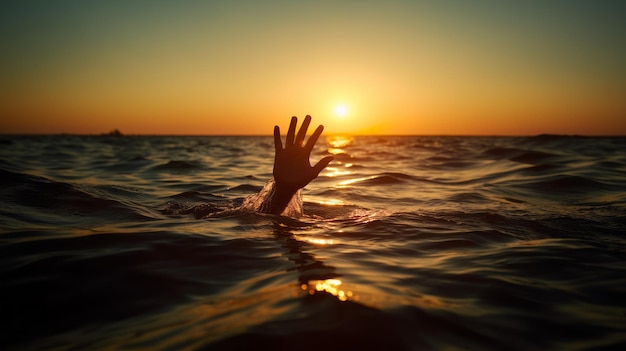 De hand steekt uit onder water in de zee en toont het gebaar Help Vijf vingers pa