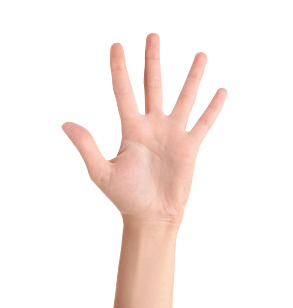 De hand van de abstracte jonge vrouw op witte achtergrond