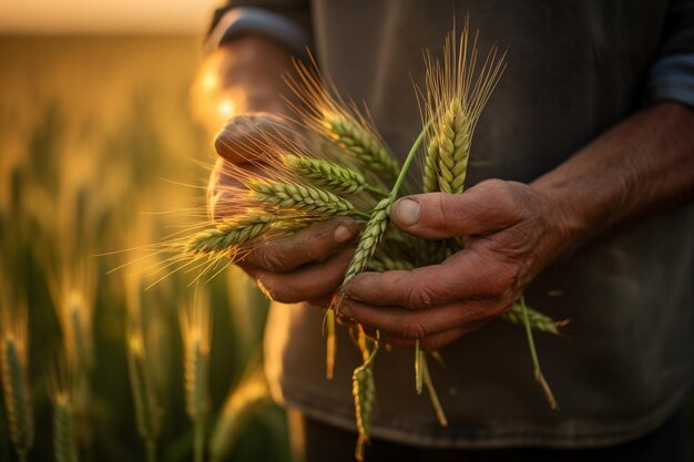 De hand van de boer met de groene tarwe in het veld