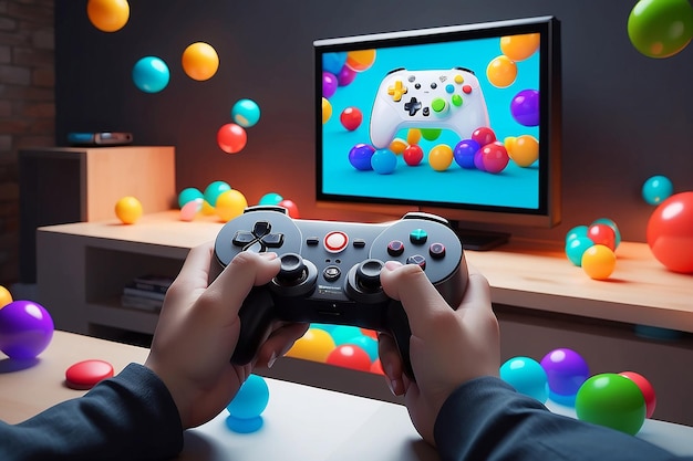 De hand van de cartoon personages houdt een gamepad vast voor een tv met veelkleurige ballen die uitvliegen concept van videogame 3d rendering