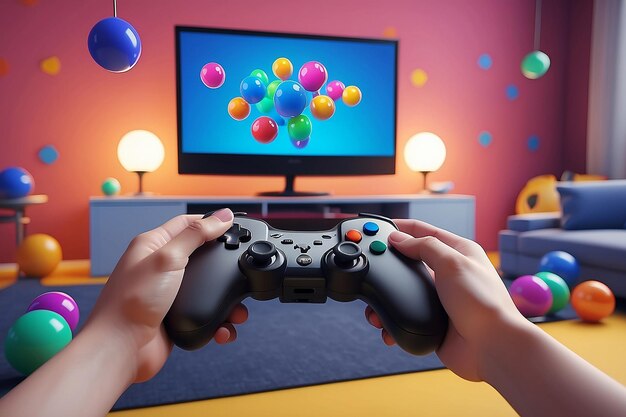 De hand van de cartoon personages houdt een gamepad vast voor een tv met veelkleurige ballen die uitvliegen concept van videogame 3d rendering