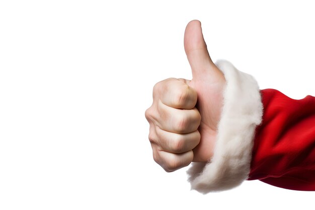 De hand van de kerstman met duim omhoog is geïsoleerd op een witte achtergrond