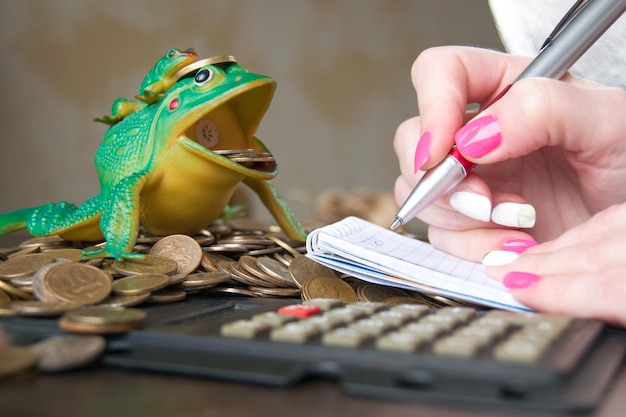 De hand van de vrouw maakt een aantekening op de verspreide munten. oorsprong van kapitaal en de wettigheid van fondsen, gunstigste voorwaarden voor deposito's, leningen. Zoeken en aantrekken van financiering.