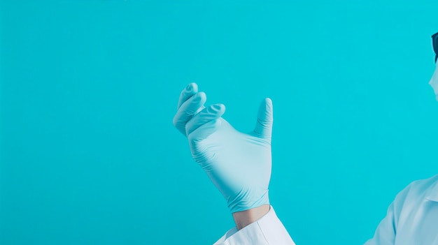 De hand van een arts in een blauwe handschoen op een blauwe lege achtergrond Generatieve AI