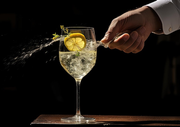 De hand van een barman giet zachtjes gin in een fluitglas om een French 75 te creëren