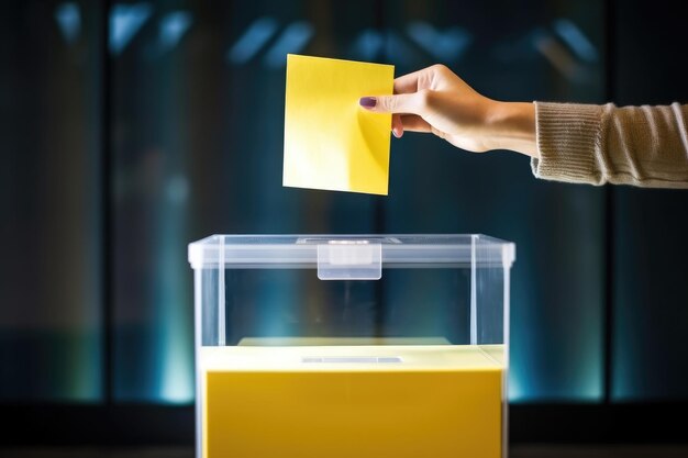 De hand van een kiezer plaatst een stembiljet in een doorzichtige stembus voor een verkiezing