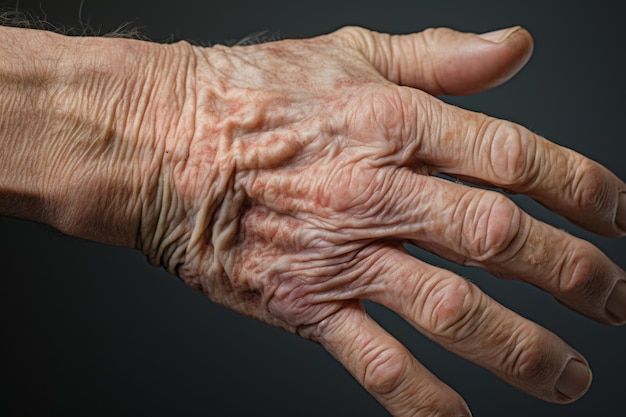 de hand van een oudere man met een gerimpelde huid