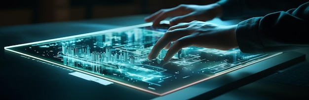 De hand van een persoon drijft over een groot verlicht scherm gevuld met een gloeiende blauwe 3D-stadskaart.