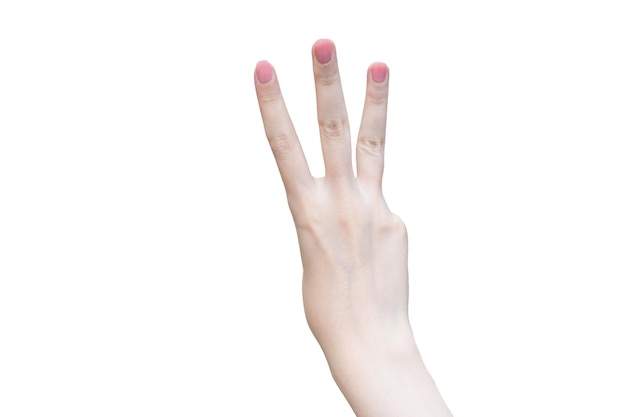 De hand van een vrouw houdt een nummer 3 vingers op een witte achtergrond