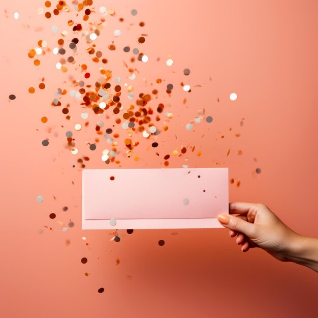 De hand van een vrouw houdt een roze envelop op een licht oranje achtergrond met confetti pastelkleuren