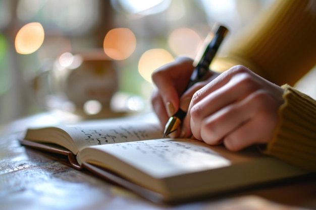 De hand van een vrouw schrijft op een melkboek.