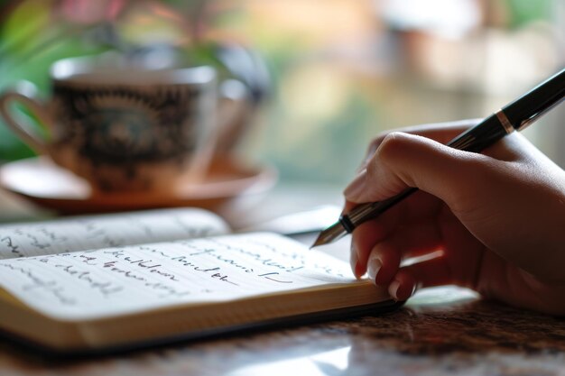 Foto de hand van een vrouw schrijft op een melkboek.