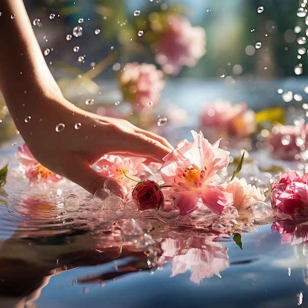 de hand van een vrouw wast haar handen met waterdruppels op het water